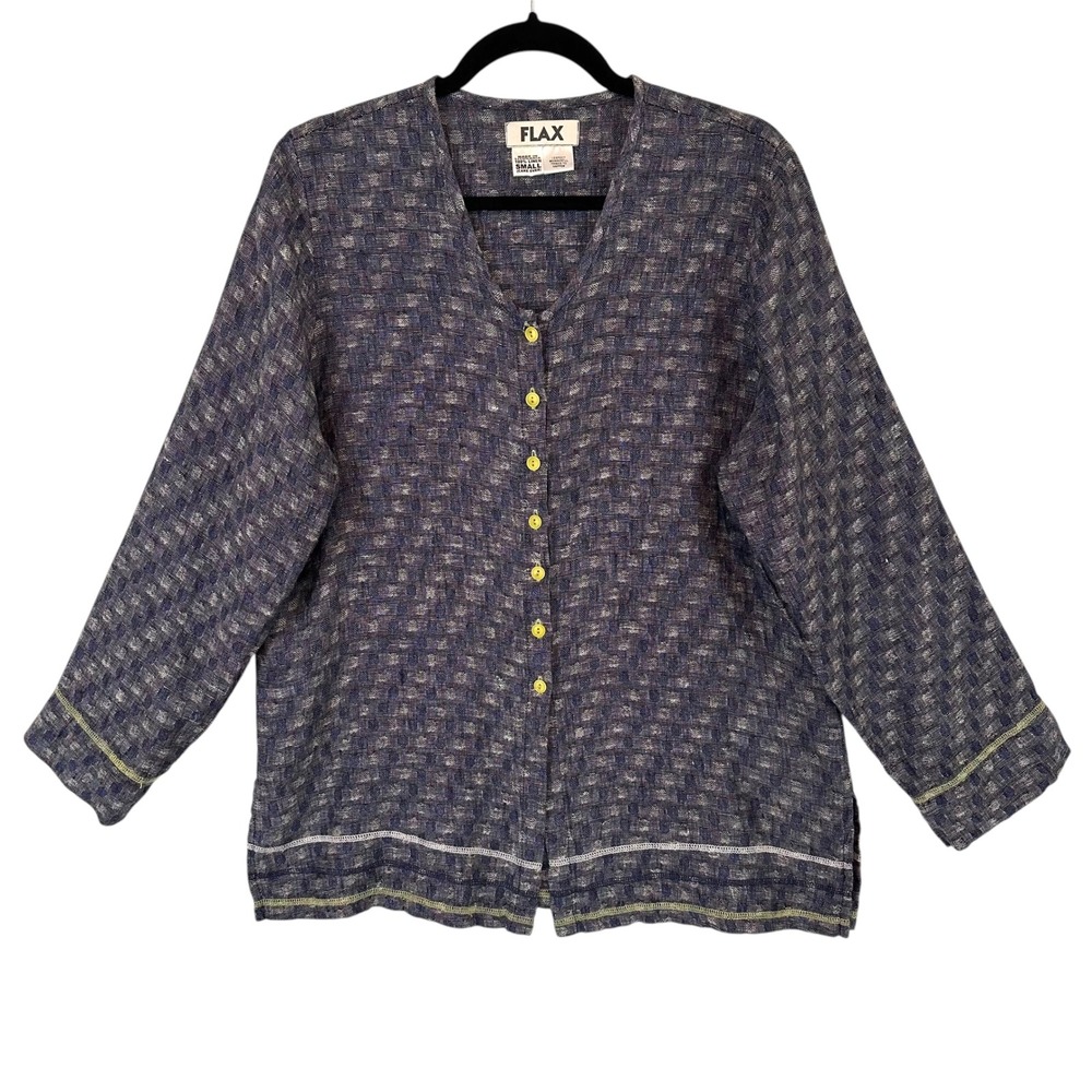 FLAX Linen Button Front Cardigan Top Womens Small‎ Checkered Blue Lightweight